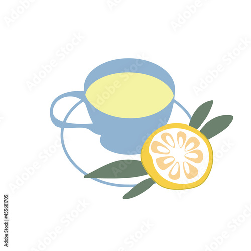 Tea made from yuzu fruit. Cartoon illustration of a mug with a piece of yellow fruit on a white isolated background. Hand-drawn organic food products. Sour citrus fruits from Asia.