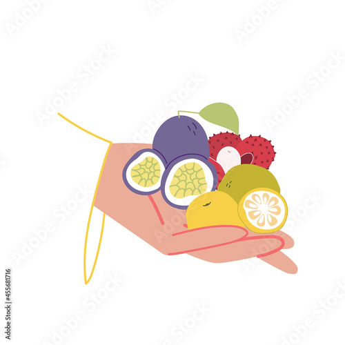 Exotic fruits. Fruitarianism. Delicious, healthy food products.Hand-drawn ripe tropical fruits on a human hand. Vector illustration on an isolated white background.
