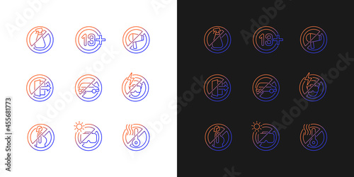 Vr rules gradient manual label icons set for dark and light mode. Thin line contour symbols bundle. Isolated vector outline illustrations collection on black and white for product use instructions