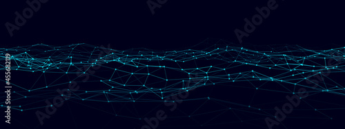 Abstract technology wave of particles. Big data visualization. Vector background with motion dots and lines. Artificial intelligence.
