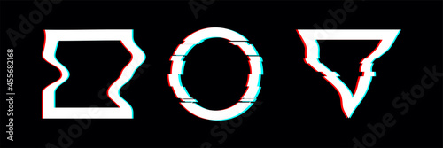 Geometric shapes with glitch effect. Circle, square, triangle in distorted glitch style. Abstract digital frames with noise.