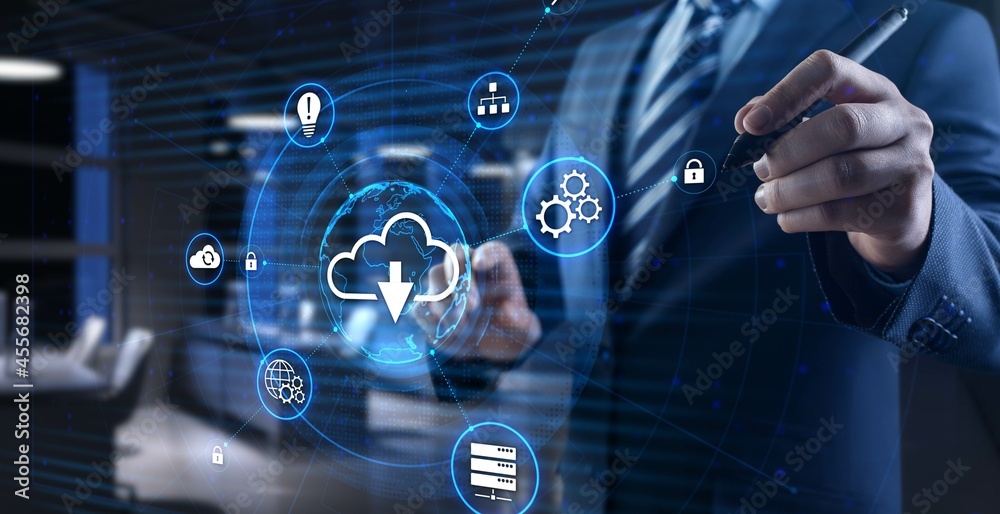 Download software application internet technology concept. Businessman pressing button. Download software application internet technology concept. Businessman pressing button.