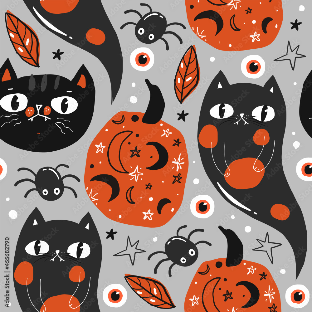 halloween seamless pattern with pumpkins, spiders and black cats