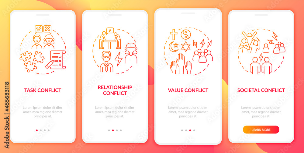 Conflict types red onboarding mobile app page screen. Work relations walkthrough 4 steps graphic instructions with concepts. UI, UX, GUI vector template with linear color illustrations