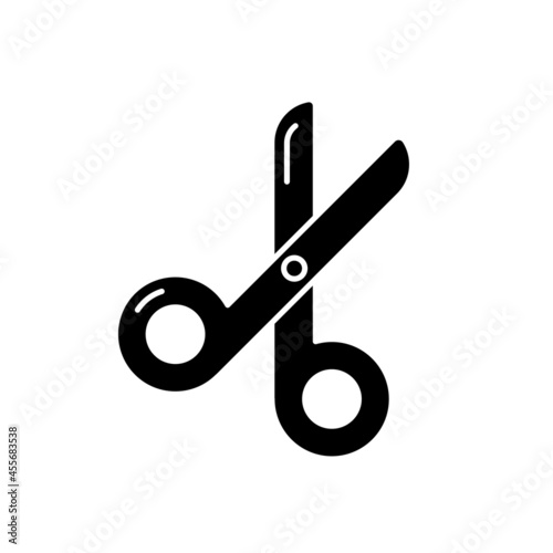 Scissors black glyph icon. Paper cutting. Office shearing equipment. Stationery for school. Stainless steel blades. Classroom supplies. Silhouette symbol on white space. Vector isolated illustration