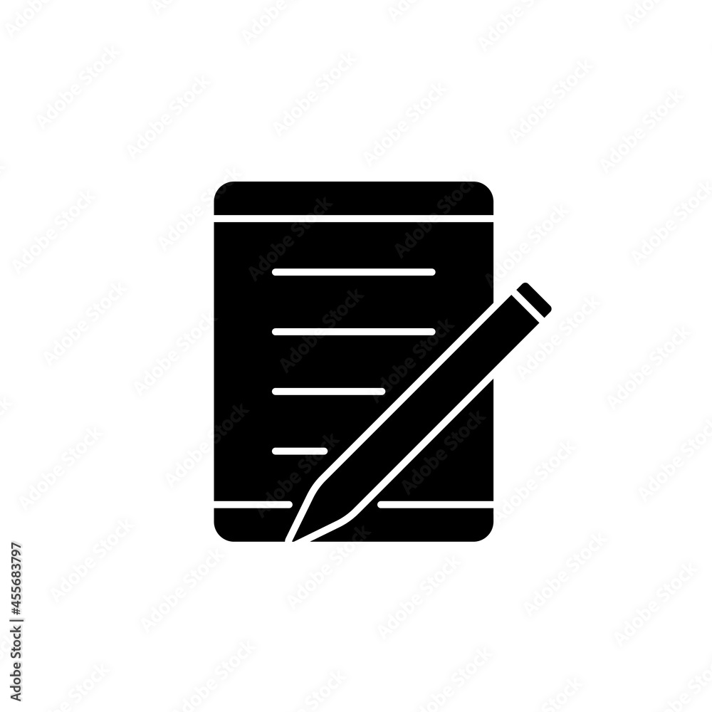Tablet for school black glyph icon. Portable personal computer. Device for college students. Writing with stylus. Touchscreen interface. Silhouette symbol on white space. Vector isolated illustration Tablet for school black glyph icon. Portable personal computer. Device for college students. Writing with stylus. Touchscreen interface. Silhouette symbol on white space. Vector isolated illustration