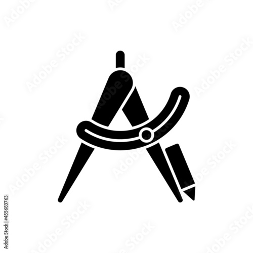 Compass tool black glyph icon. Drafting instrument. Inscribing circles, arcs. Math class. School supplies. Hand tool for architects. Silhouette symbol on white space. Vector isolated illustration