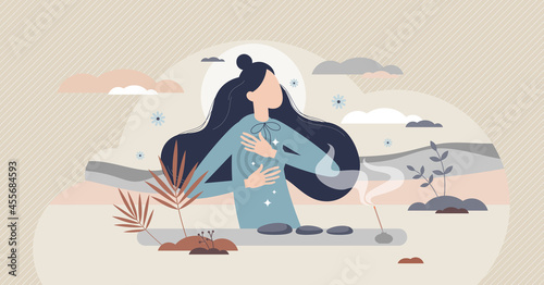 Self reiki as alternative medicine with energy healing tiny person concept. Relaxation and recovery for yourself after trauma, disease or illness to get back peace and harmony vector illustration. photo