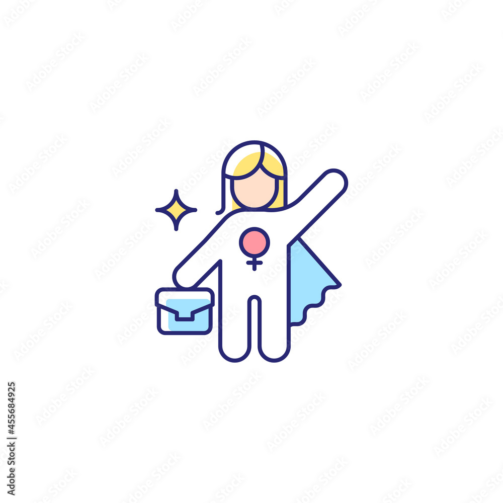 Women career RGB color icon. Advance to higher position. Fighting traditional glass ceiling. Gender diversity at work. Climbing career ladder. Isolated vector illustration. Simple filled line drawing