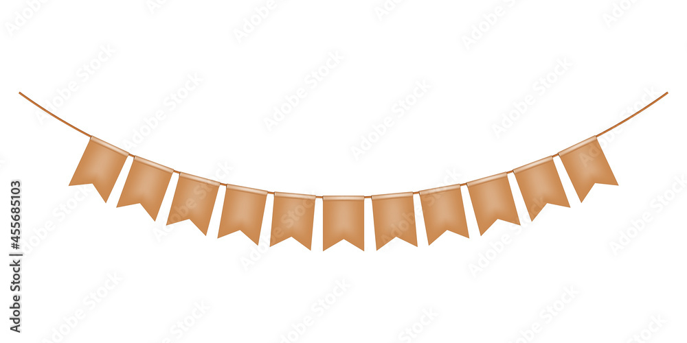 Brown festoon banner isolated on white background, vector illustration. Hanging color flag garland. Festival party bunting. Template for holiday celebration design - obrazy, fototapety, plakaty 