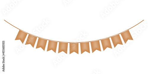 Fototapeta Brown festoon banner isolated on white background, vector illustration. Hanging color flag garland. Festival party bunting. Template for holiday celebration design