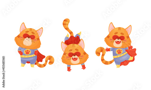 Ginger Whiskered Cat in Red Superhero Cloak Standing and Somersaulting Vector Set