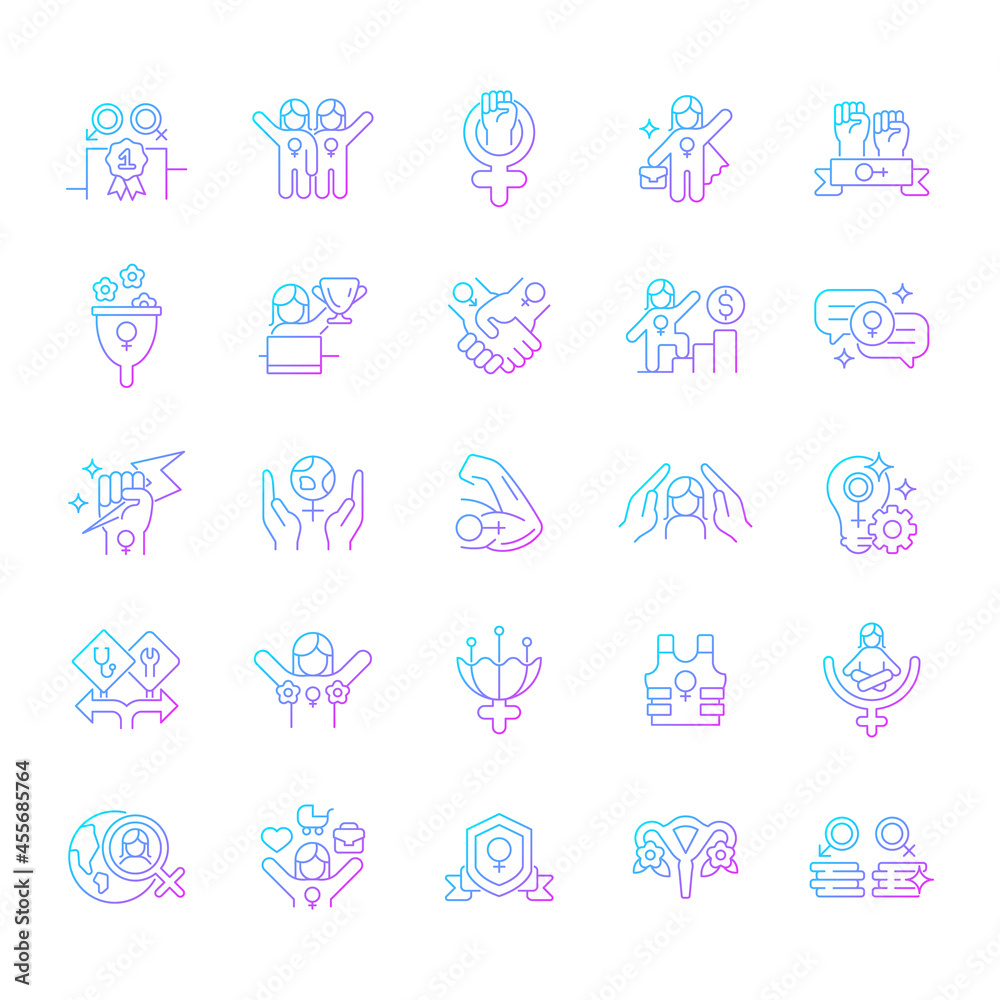 Feminism symbols gradient linear vector icons set. Supporting equal rights for women. Pride in sisterhood. Girl power. Thin line contour symbols bundle. Isolated outline illustrations collection Feminism symbols gradient linear vector icons set. Supporting equal rights for women. Pride in sisterhood. Girl power. Thin line contour symbols bundle. Isolated outline illustrations collection