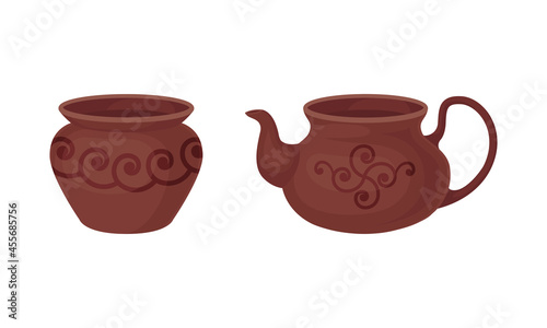 Clay Kitchenware and Ceramic Vessel with Pot and Tea Kettle Vector Set
