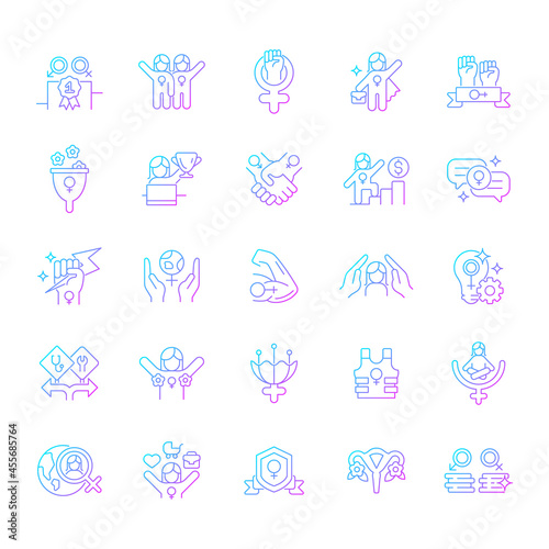 Feminism symbols gradient linear vector icons set. Supporting equal rights for women. Pride in sisterhood. Girl power. Thin line contour symbols bundle. Isolated outline illustrations collection