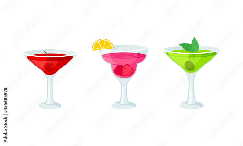 Bright Exotic Cocktail in Glass as Tropical Refreshing Drink Vector Set Bright Exotic Cocktail in Glass as Tropical Refreshing Drink Vector Set
