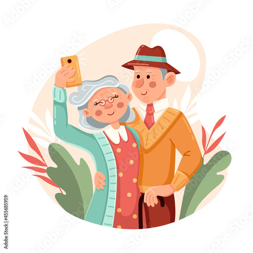 An elderly couple smiles and takes a selfie. Happy International Day of the Elderly. Flat vector design.