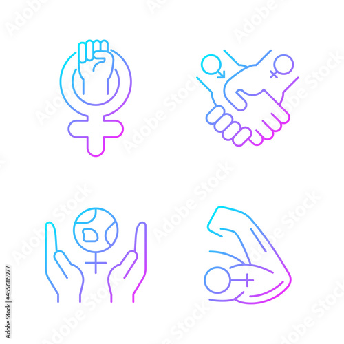 Girl power gradient linear vector icons set. Leadership in movement. Equitable relationships. Feminism support. Thin line contour symbols bundle. Isolated outline illustrations collection