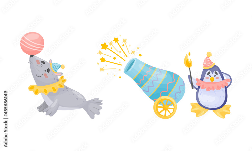 Obraz premium Circus Fur Seal and Penguin Animal with Ball and Cannon Performing Trick Vector Set