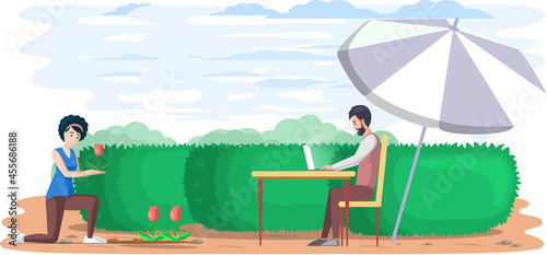 Man sits in garden, surfs internet and works remotely, break time. Person travels, makes money by teleworking. Character communicating through network on laptop. Freelance, work from anywhere
