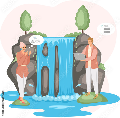 Young people working remotely on nature. Characters communicating through network on laptop. Freelance, work from anywhere in world. Woman and man plan business and solve work issues near waterfall