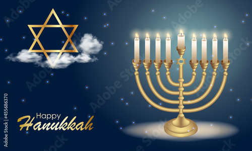 Happy Hanukkah with symbols and golden style on colored background for Hanukkah day and Jewish holiday Hanukkah. Chanukah candlestick and star of David.