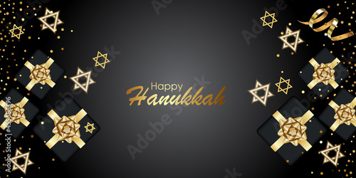 Happy Hanukkah with symbols and golden style on colored background for Hanukkah day and Jewish holiday Hanukkah. Chanukah candlestick and star of David.