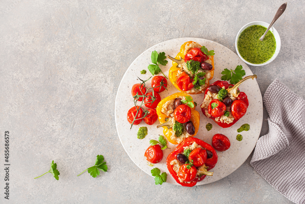 stuffed bell peppers with quinoa tomatoes olives and herb sauce chimichurri stuffed bell peppers with quinoa tomatoes olives and herb sauce chimichurri