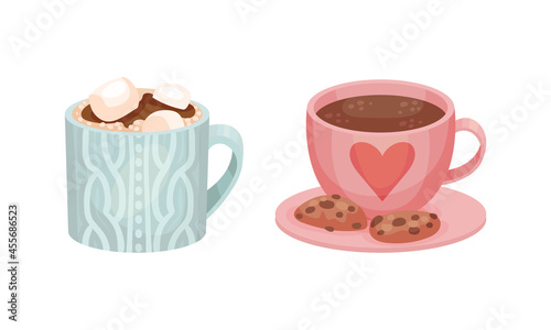 Mug with Hot Drink and Cookie as Hygge and Coziness and Comfortable Symbol Vector Set