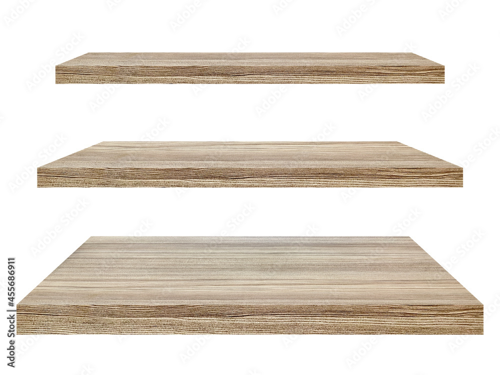 Collection of brown wooden shelves on a white background separates the objects with clipping path for the designs and decoration Collection of brown wooden shelves on a white background separates the objects with clipping path for the designs and decoration