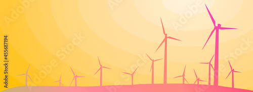 Vector silhouette. Wind generator, power plant. Yellow tech background for header