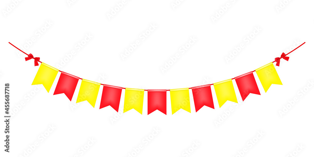 Obraz premium Colorful red and yellow festoon banner with bows, vector illustration. Hanging color flag garland isolated on white background. Bright party bunting for birthday design. Easy to recolor