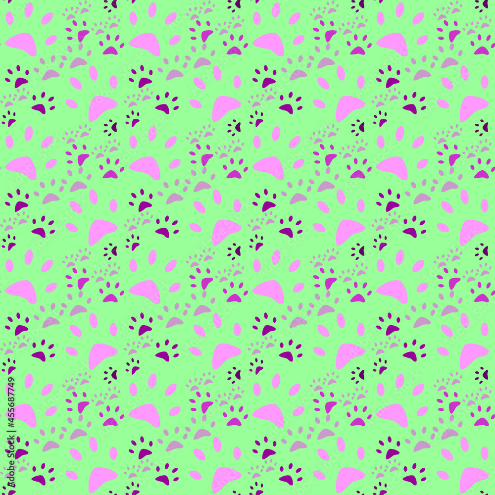Cute cartoon style pink dog footprints seamless wallpaper with light green background.