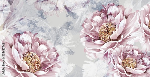 Drawn art peonies on a textured background with imitation of paint and stains, wall murals in a room or home interior