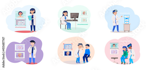 Otolaryngologist doctor with nose, ear and throat or ENT diagnostic and treatment instruments. Otology doctor with patient. Otorhinolaryngology healthcare medicine or otolaryngology diseases