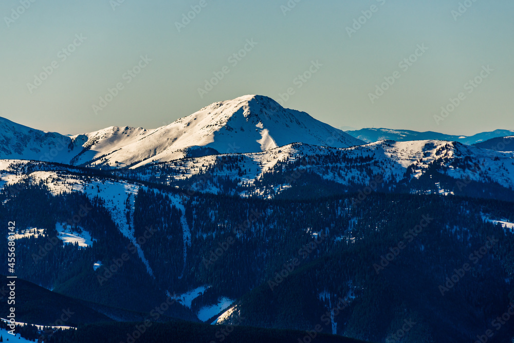 Horizontal panorama of winter Carpathian Mountains