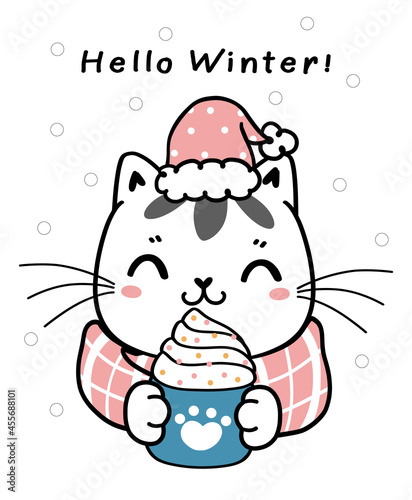 cute winter cat in pink scraf with cup of whip cream coffee, cartoon animal flat vector hand drawn