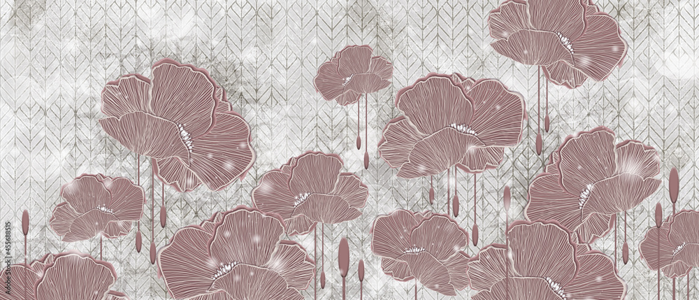 drawn art 3D poppies on a textured background, wallpaper in the room