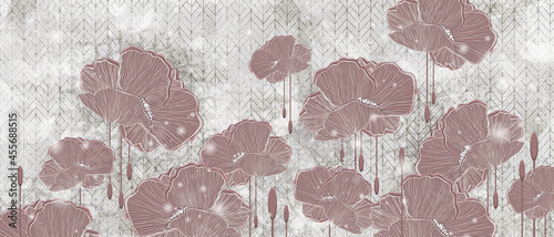 drawn art 3D poppies on a textured background, wallpaper in the room © Viktorious_Art