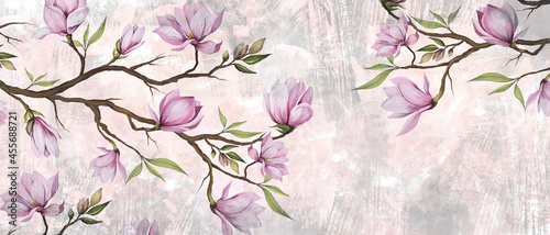  magnolia branches on a textured background all on a light background, wall murals in a room or home interior