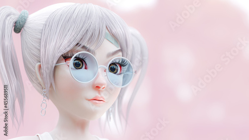 Fototapeta Naklejka Na Ścianę i Meble -  Young woman wearing glasses and Green wound dressing on his forehead. Selective focus at eyes and copy space for your text on pink pastel background. Illustration of cartoon character, 3D Render.