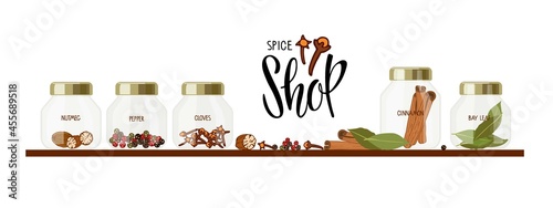 Spice shop text and spice set. Collection of jars on shelf. Set of different varieties of spices. Organic product flat vector. Flavor cooking ingredient. Spicy hot condiment for cooking.