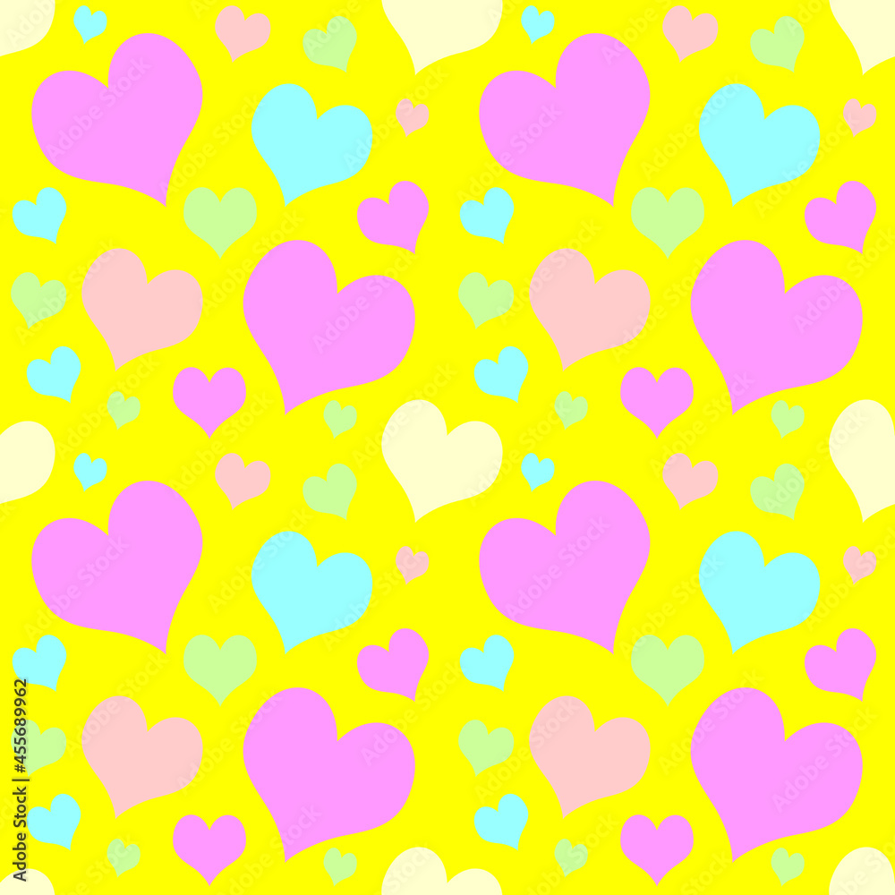 Seamless pastel colored cute heart pattern on bright yellow background.
