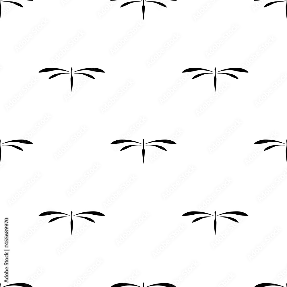 Seamless black dragonfly background on white. Nature summer vector pattern.