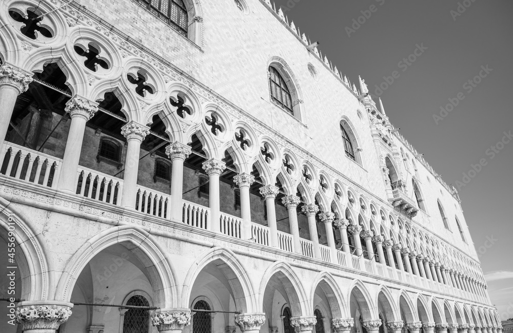 Ornamental decoration of Doges Palace, Italian: Palazzo Ducale, in Venice, Italy. Black and white image.