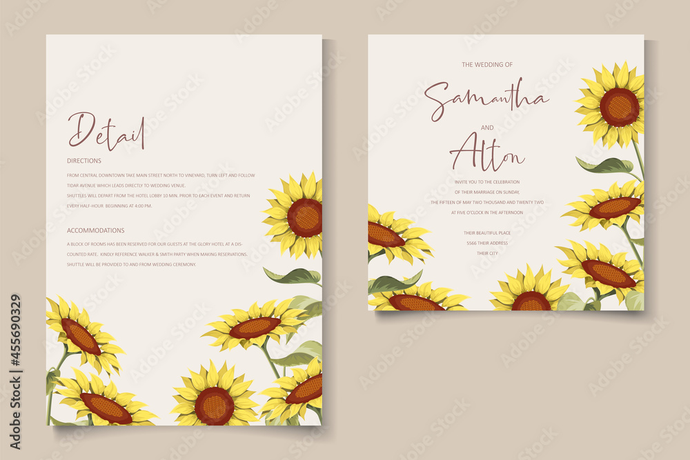 Fototapeta premium Beautiful sunflower wedding invitation card template