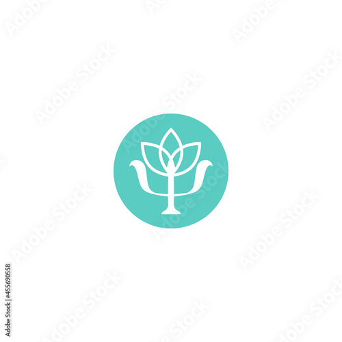 psychology blooming symbol. Greek letter Psi with lotus flower in blue circle.