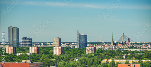 Summer cityscape of Riga. Top view. Modern urban architecture.