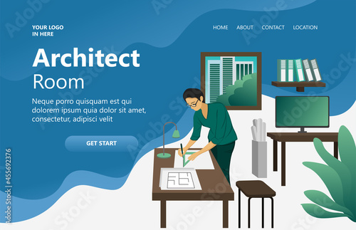 Architect's room, someone is drawing a floor plan of a building, perspective isometric vector design concept