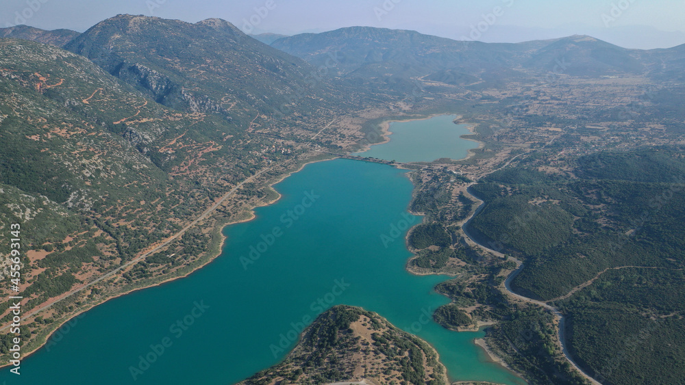 Aerial drone photo of huge fjord looking lake of Mornos a clear water supply for Attica region, Fokida prefecture, Greece